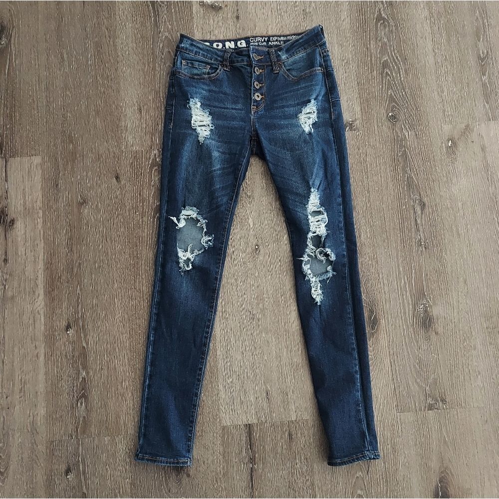 S.O.N.G. Curvy EXP Button Mid Rise Roll Cuff Ankle Distressed Skinny Jeans Sz 3